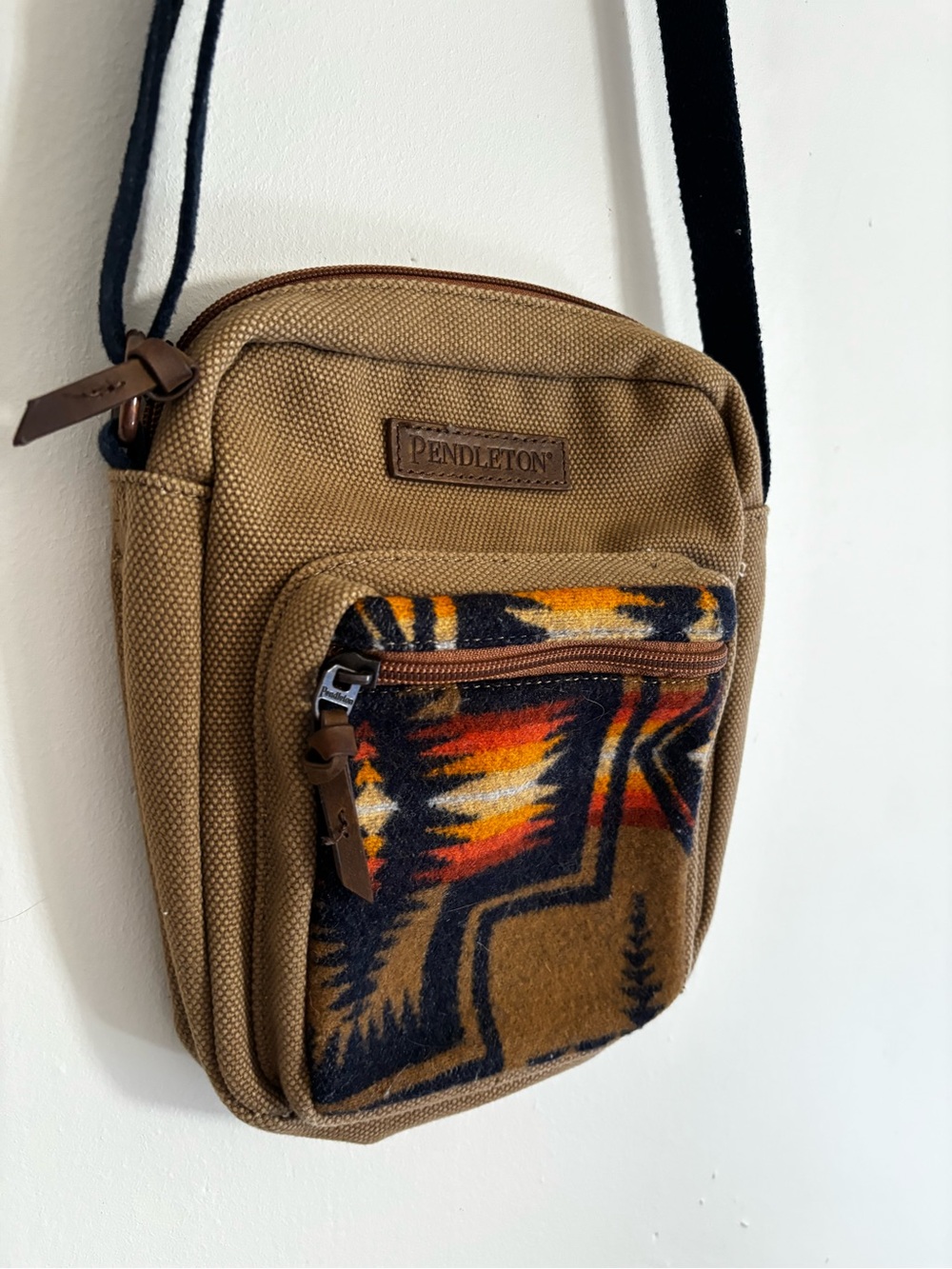 Pendleton Tan Crossbody Bag with Patterned Front Pocket